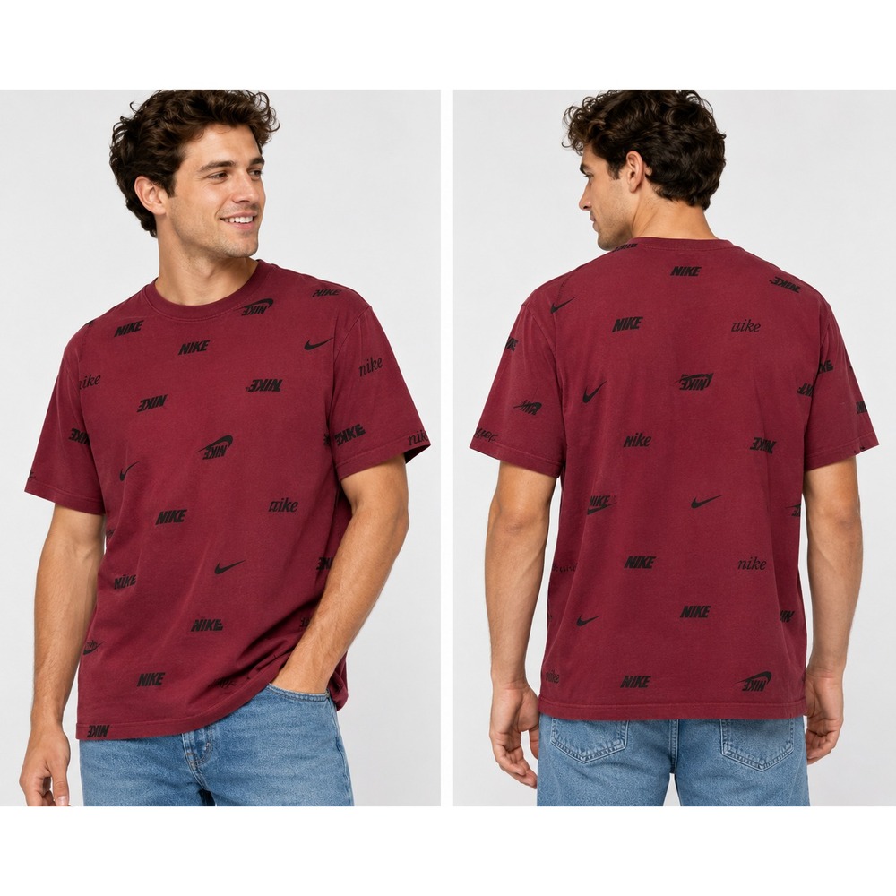 The Nike Tee Mens Medium Maroon Burgundy All Over Print Multi Logo Swoosh Shirt